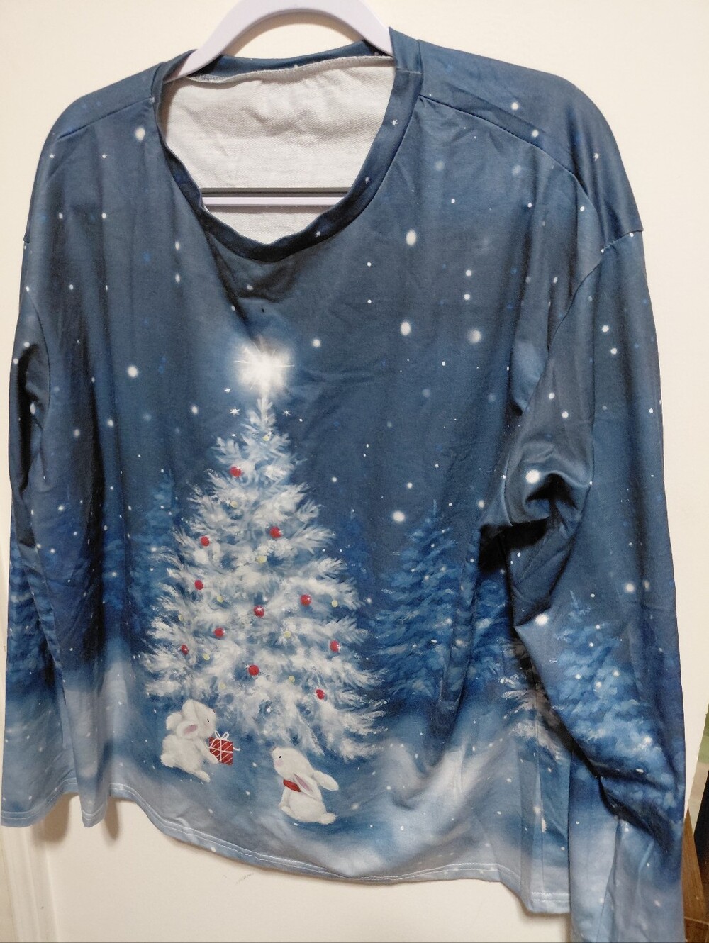 Blue Womens Holiday Tree Long-Sleeve Top